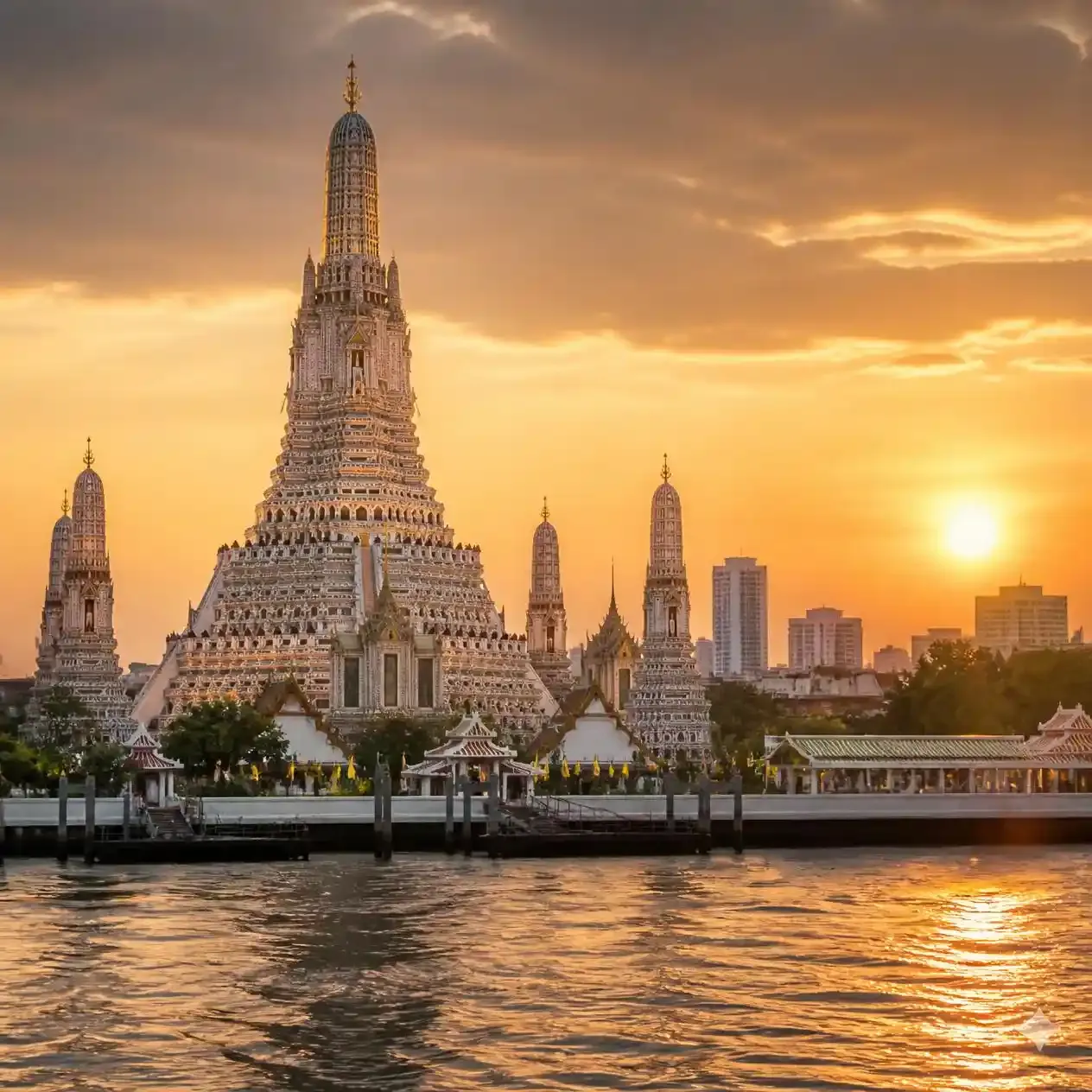 The porcelain-covered central prang of Wat Arun Bangkok rising above the Chao Phraya River in late afternoon light
