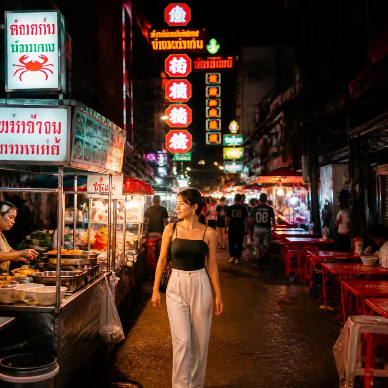 Solo female traveller walking past illuminated street food stalls on a Bangkok side street at night