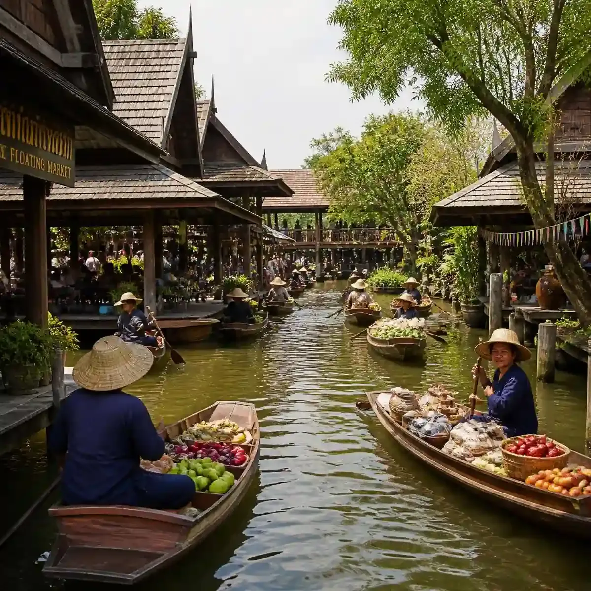 Wooden vendor boats moored along a canal at the recreated floating market inside Ancient Siam park in Samut Prakan