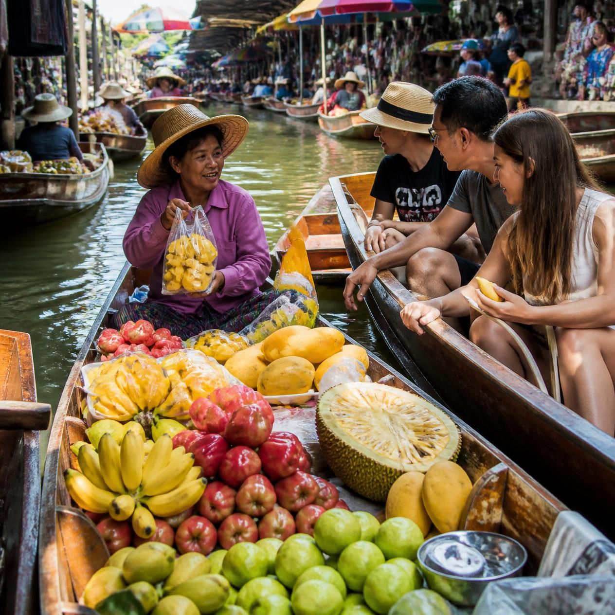 Vendors in wooden boats loaded with tropical fruit trading along the narrow canal at Damnoen Saduak floating market near Bangkok