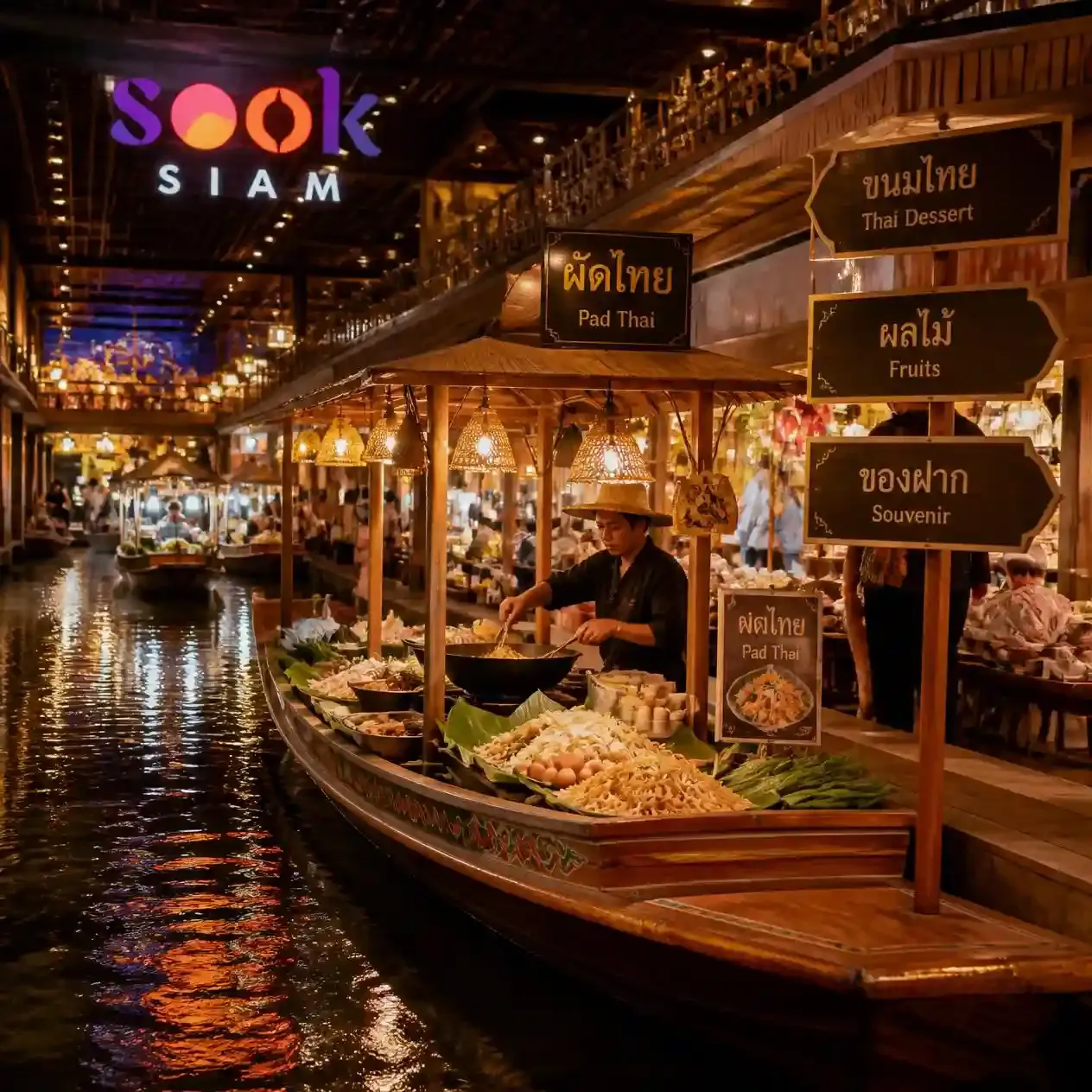 Wooden vendor boats and food stalls in the SOOKSIAM indoor floating market at ICONSIAM Bangkok