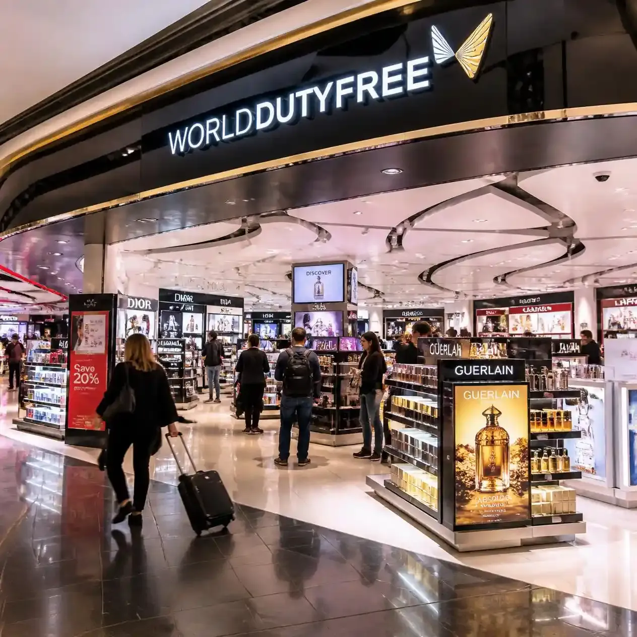 World Duty Free store interior at London Heathrow Airport with fragrance and cosmetics displays and shoppers browsing