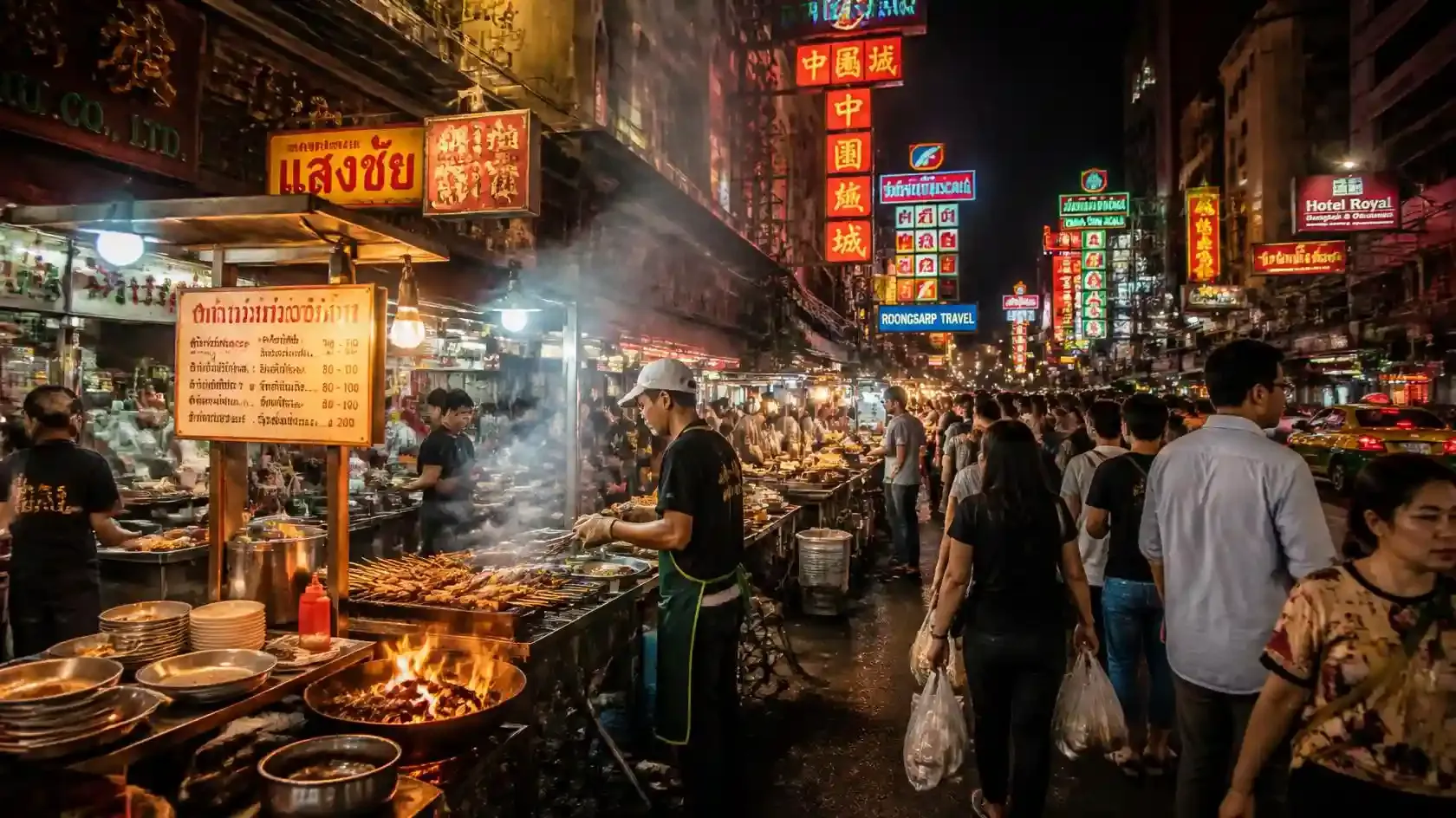 Neon signs above carts serving street food in Bangkok on Yaowarat Road in Chinatown after dark