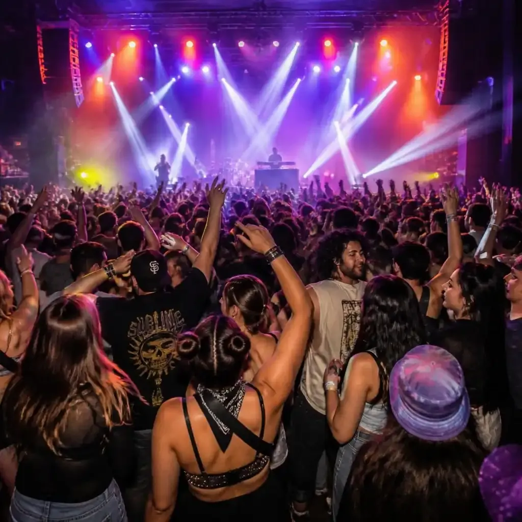 Audience dancing on the general-admission Dance Floor in front of the stage at an ABBA Voyage concert in London