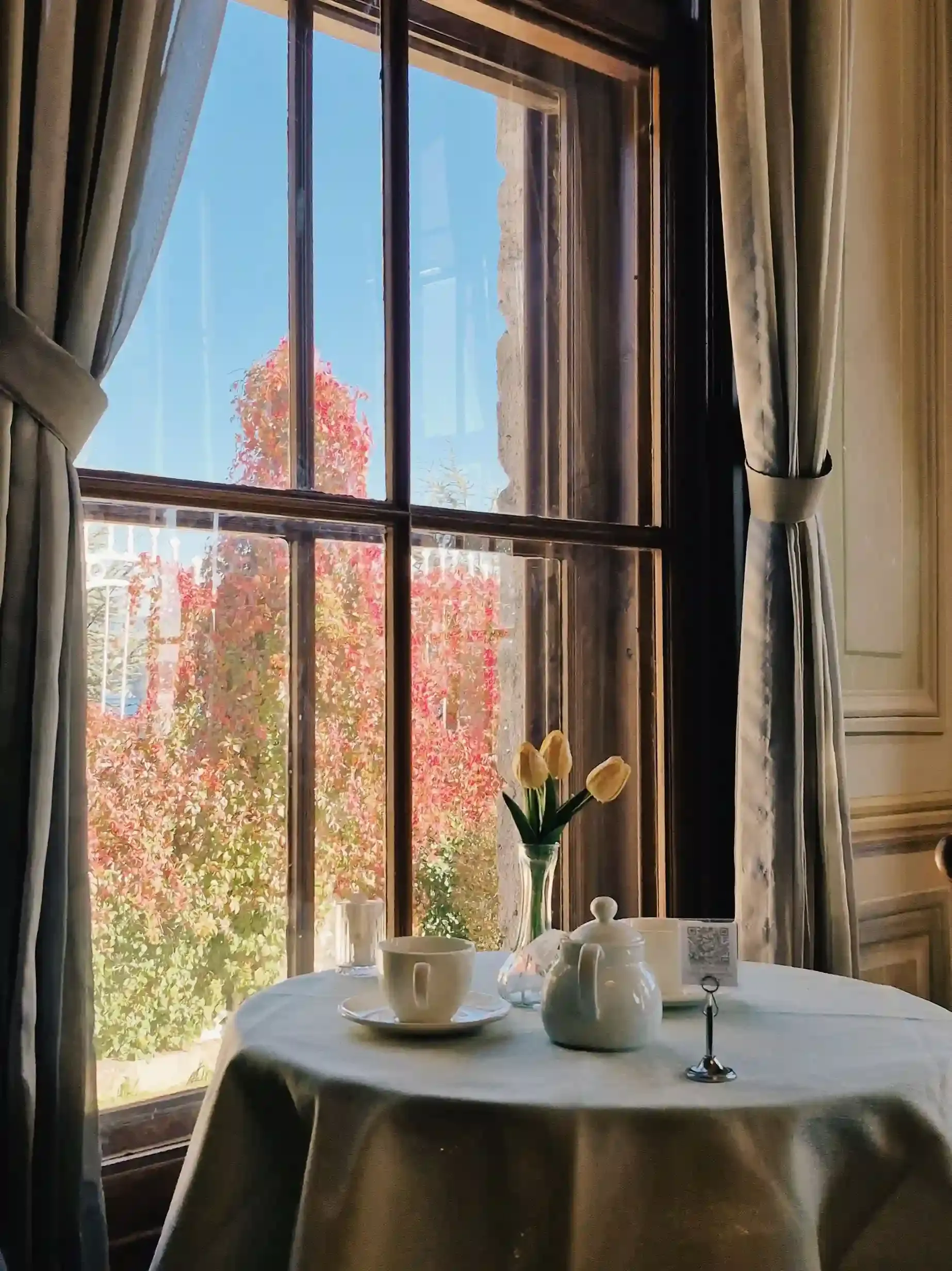 Afternoon tea served beside a window overlooking the Royal Mews near Buckingham Palace in London