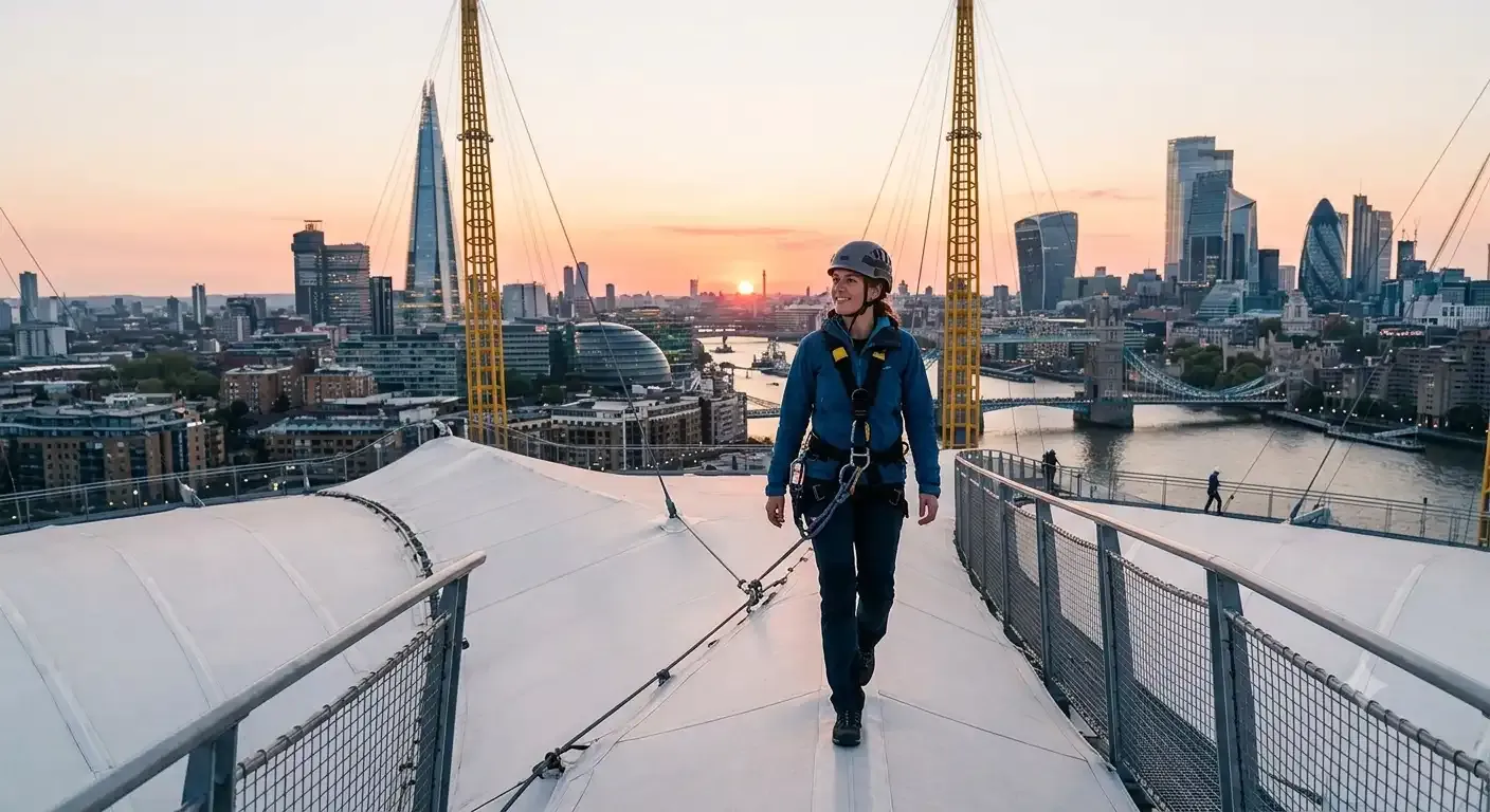 Climber on the Up at The O2 roof walkway at sunset with the London skyline in the background