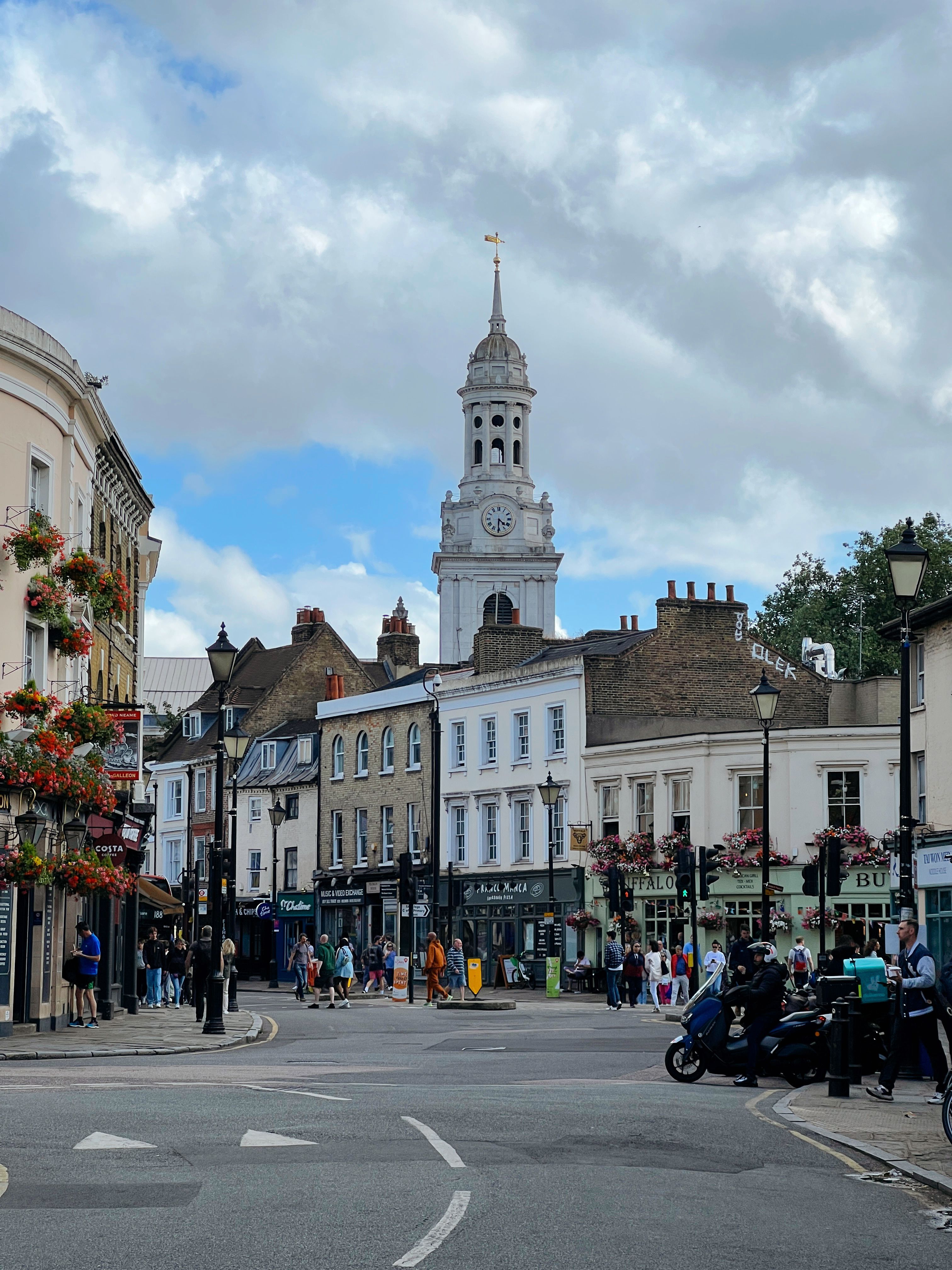 Independent shops and the clock tower at Crouch End in north London, a residential village and non-touristy area