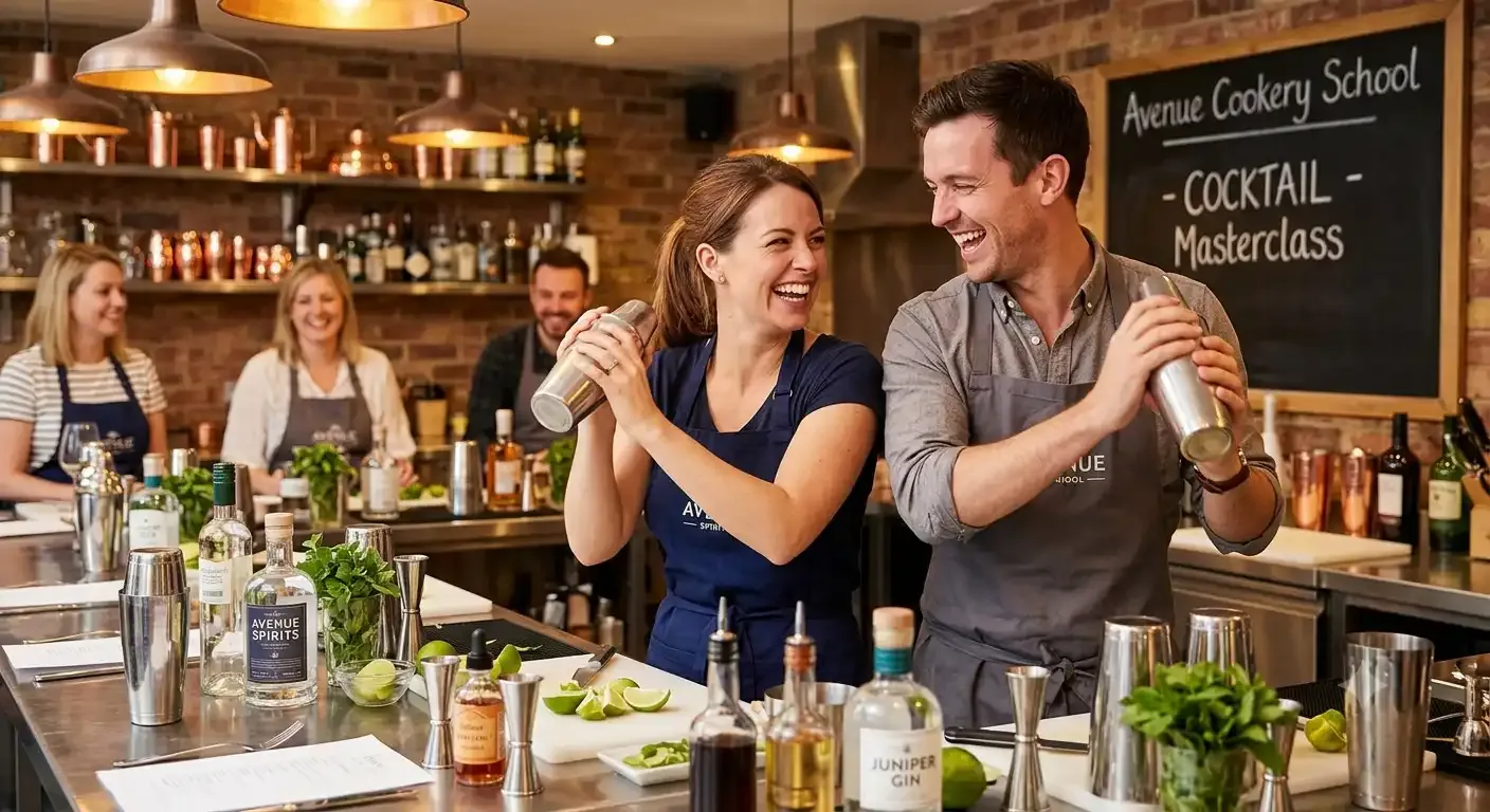 Couple making cocktails side by side at a cocktail-making class, a hands-on romantic experience for couples in London