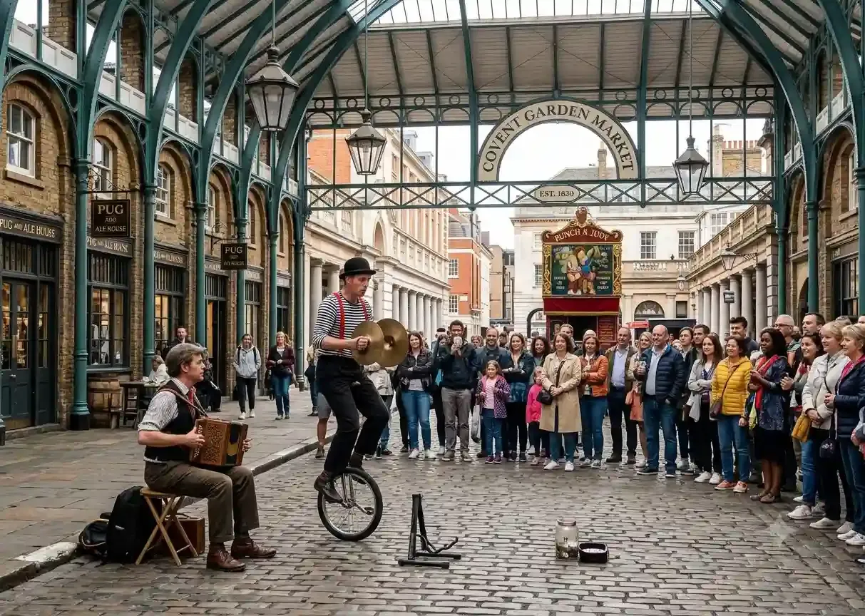 Covent Garden covered market and neo-classical piazza with crowds, one of the best neighbourhoods in London for tourists staying near the theatres