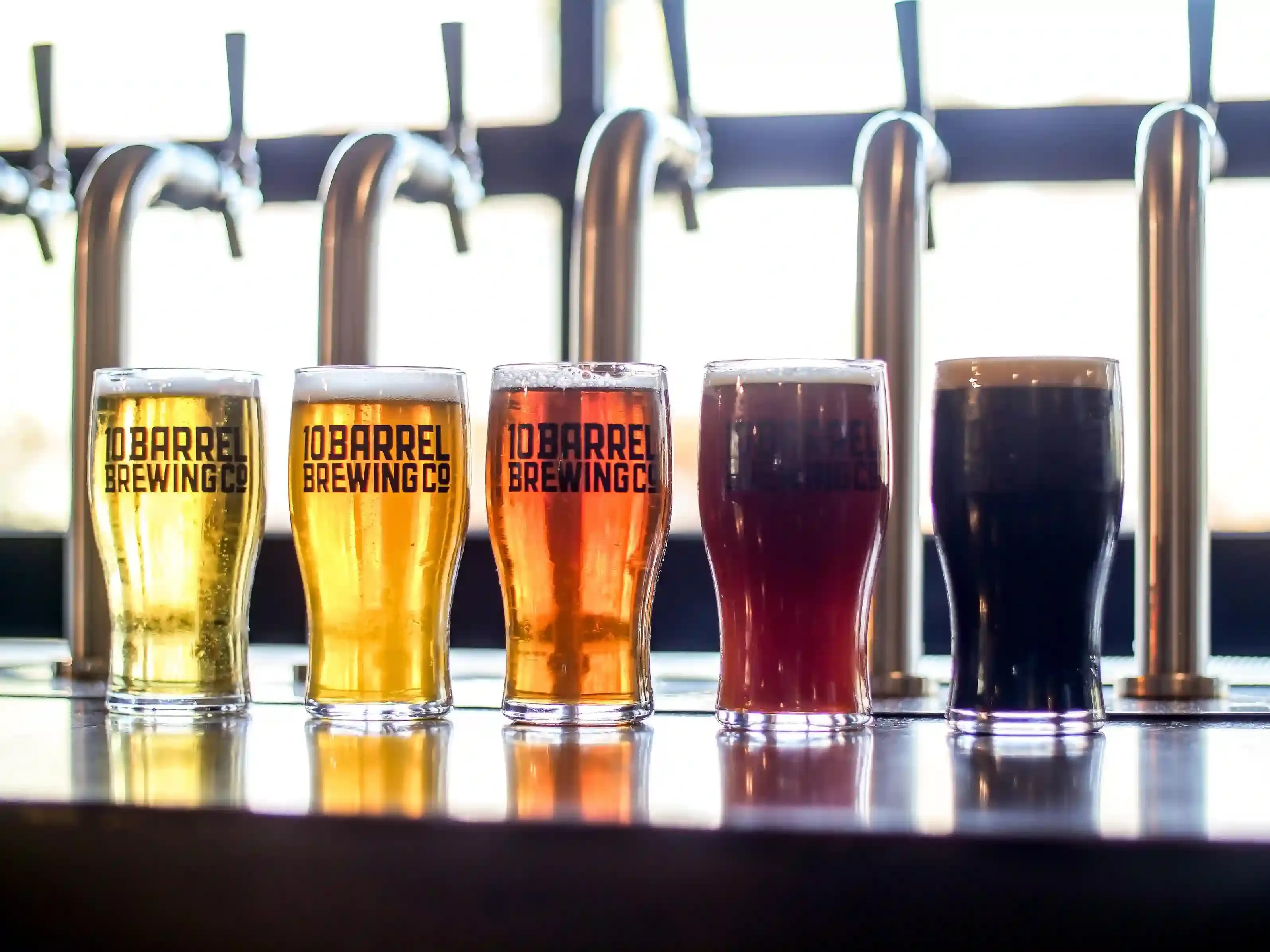 Craft beer pints lined up on a bar counter in an East London taproom