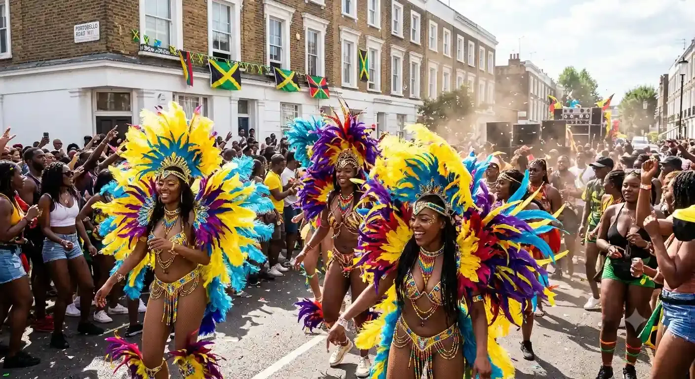 Costumed dancers parading at Notting Hill Carnival on a west London street over the August bank holiday weekend