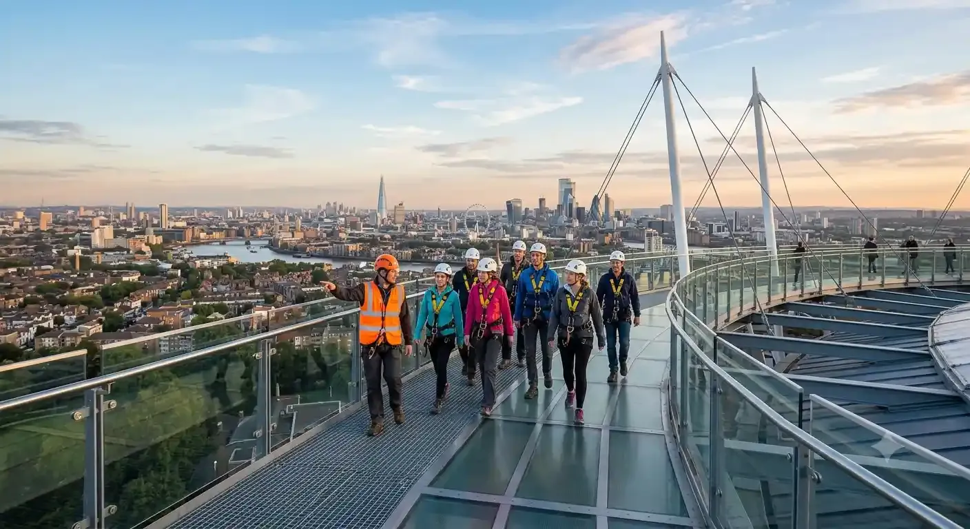 Guided climbers on the Summit rooftop walkway at Alexandra Palace with panoramic views across London