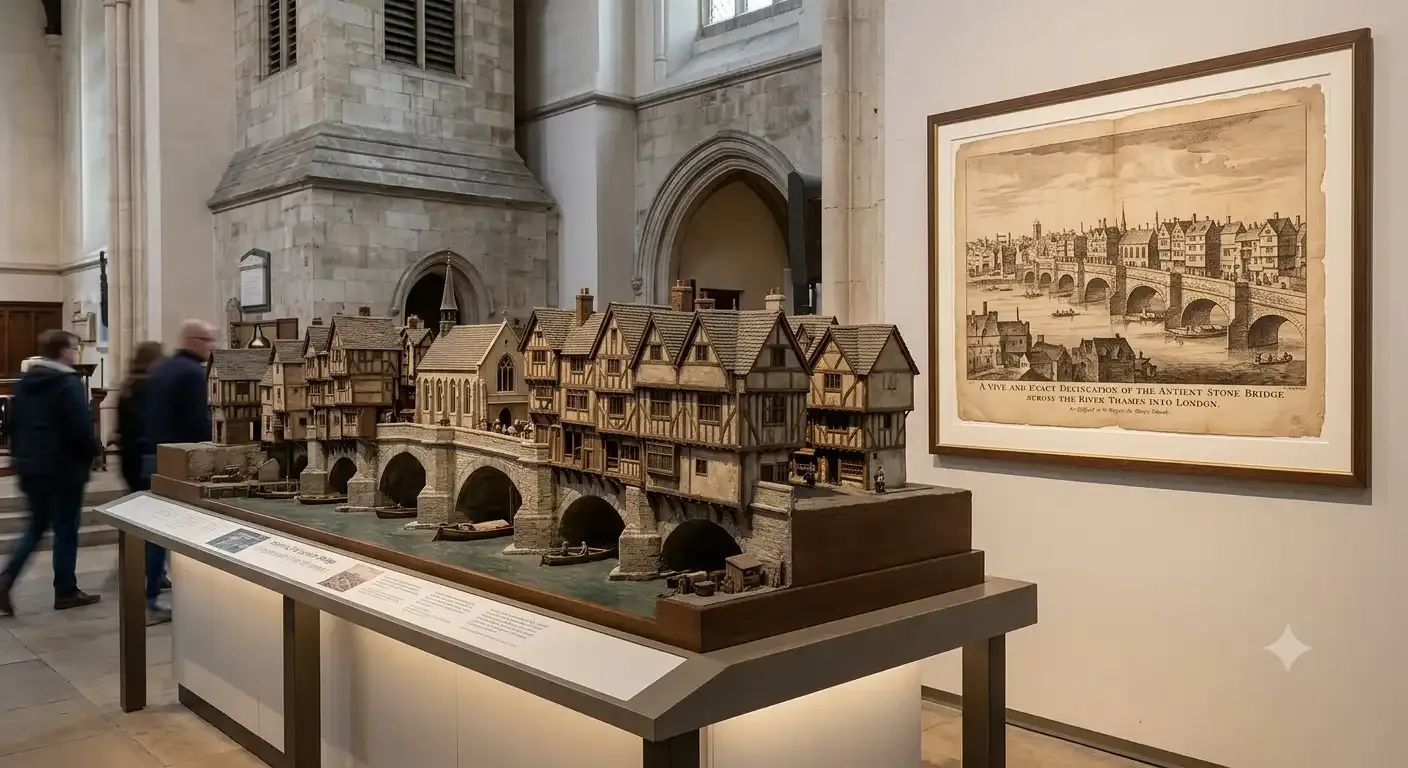 Model of medieval Old London Bridge with timber houses and shops lining the roadway over the Thames