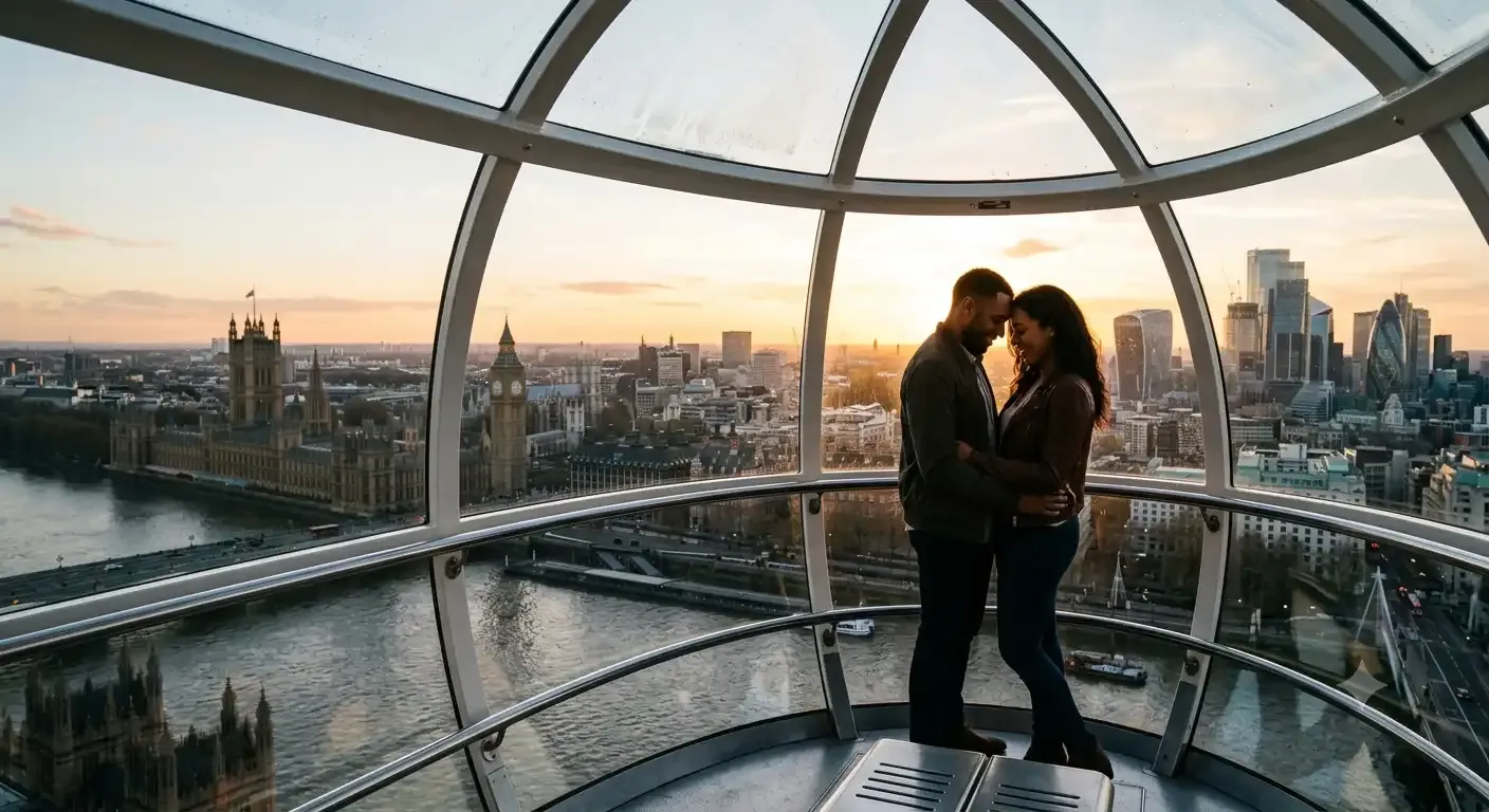 Couple alone in a private London Eye capsule at sunset overlooking the London skyline, a romantic experience for a proposal