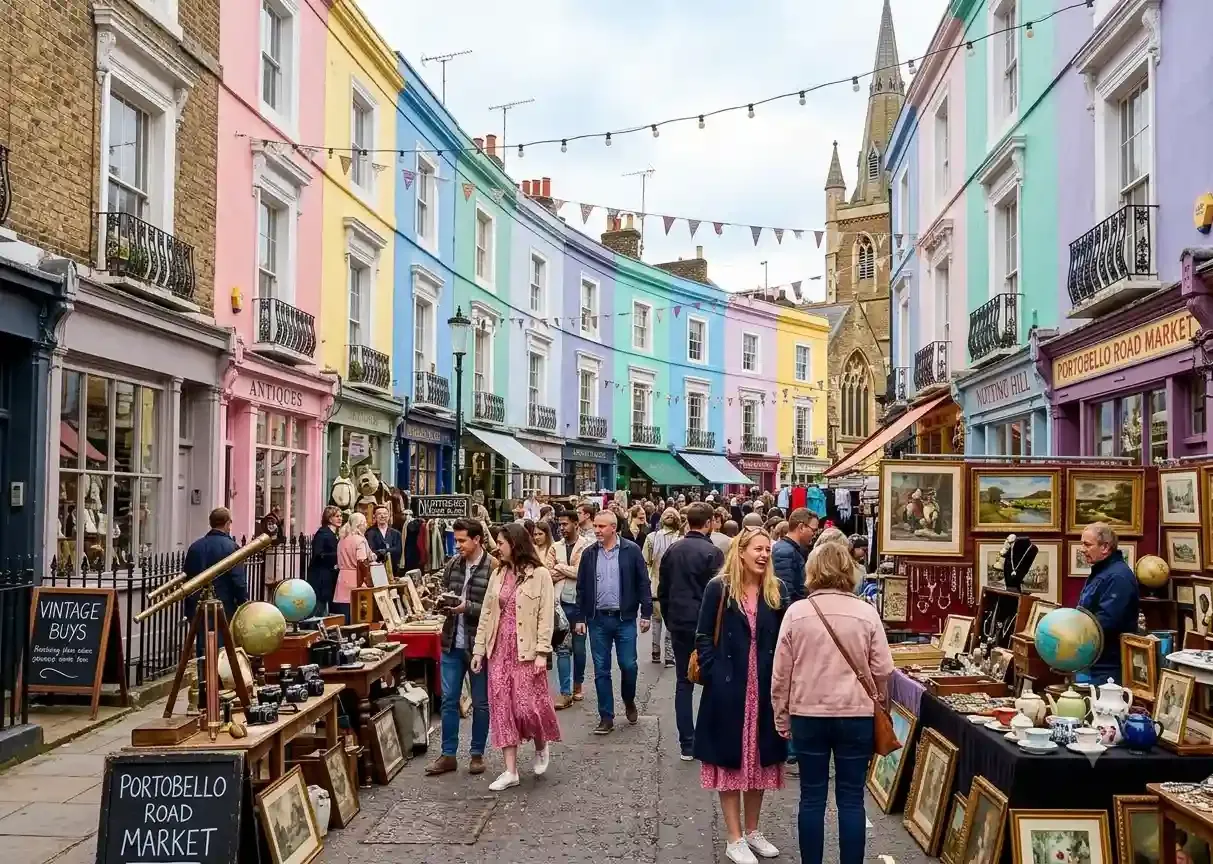 Pastel terraced houses and antiques stalls along Portobello Road Market in Notting Hill, west London
