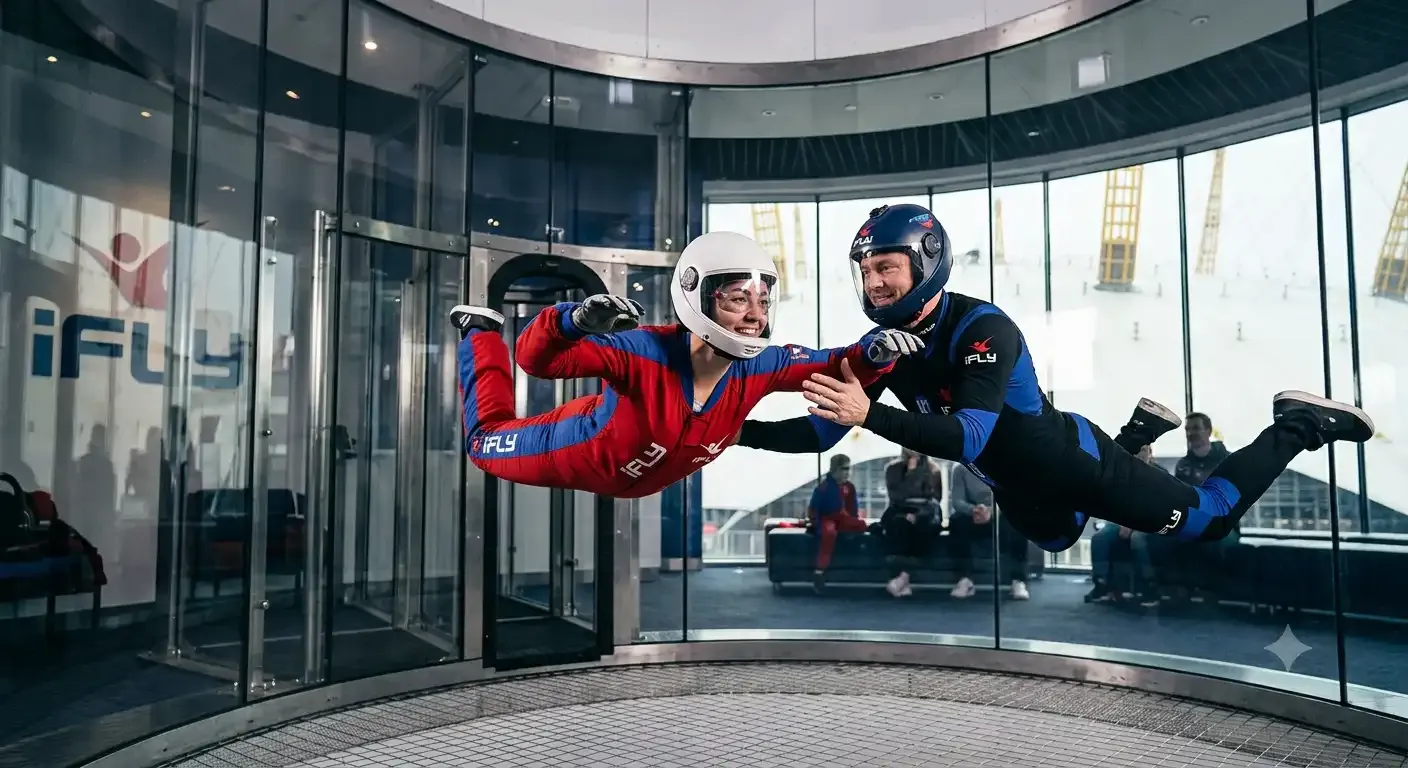 Person freefalling in the iFLY indoor skydiving wind tunnel at The O2 in London with an instructor alongside