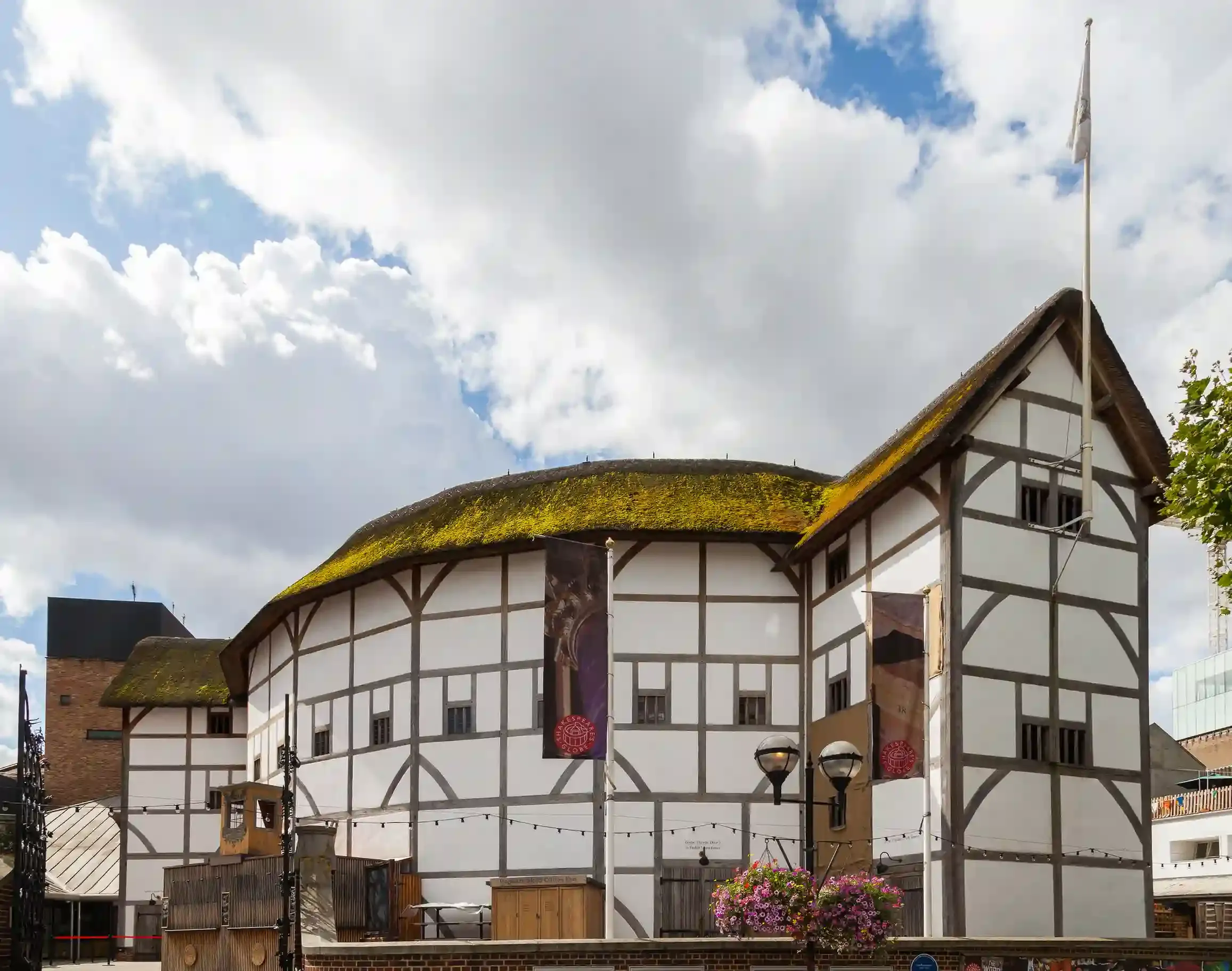 The thatched open-air Shakespeare's Globe theatre on Bankside near London Bridge in London