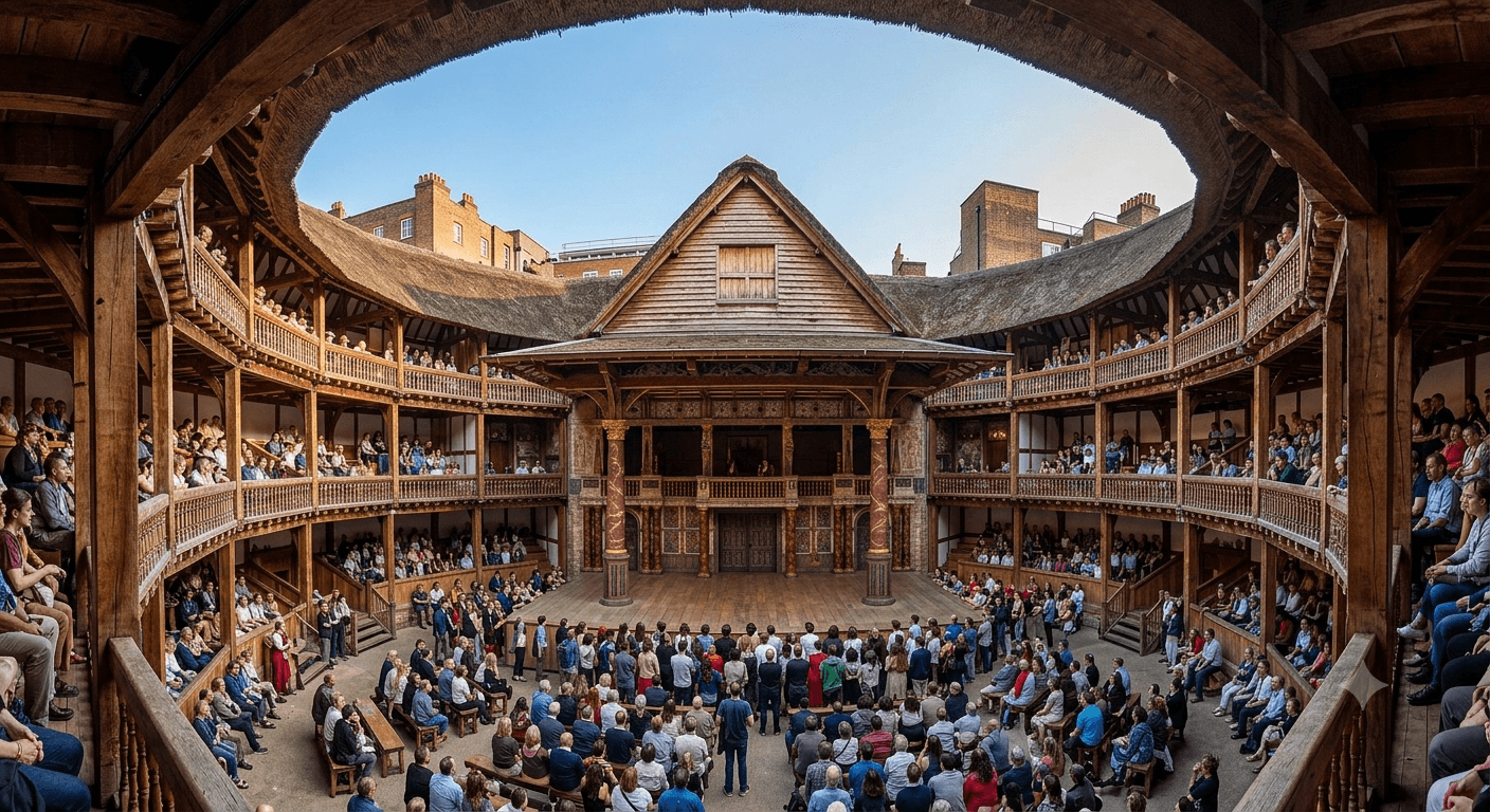 The open-air stage and timber galleries of Shakespeare's Globe theatre on London's South Bank