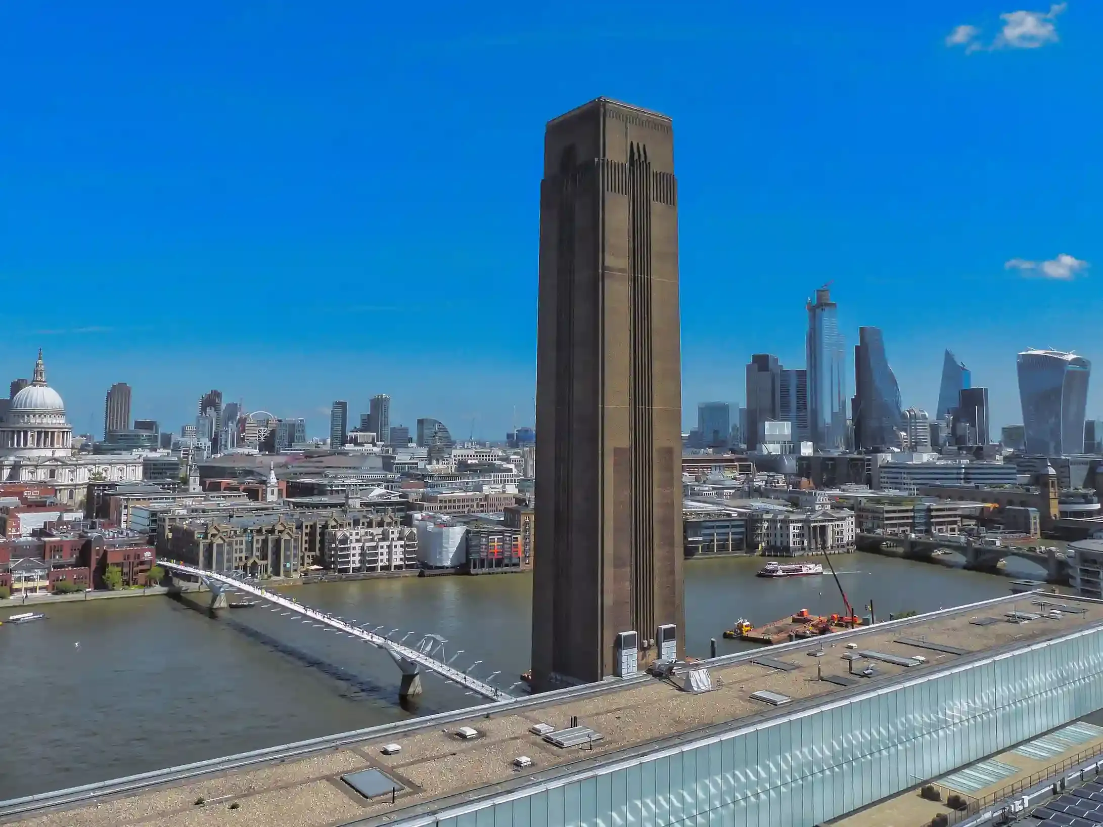 Tate Modern on the Bankside riverside near London Bridge with the Millennium Bridge crossing the Thames toward St Paul's Cathedral