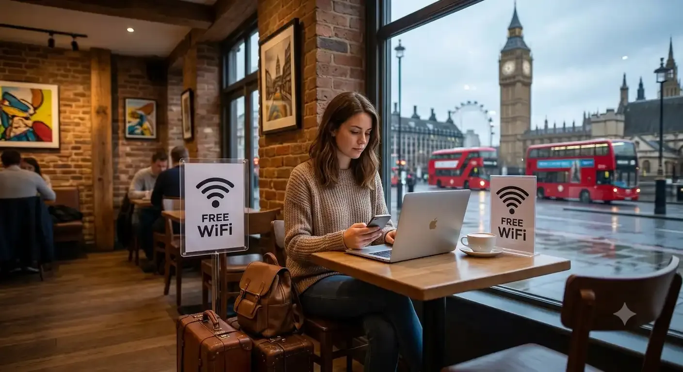 Tourist using free WiFi on a laptop and phone at a London cafe, a common source of internet for visitors