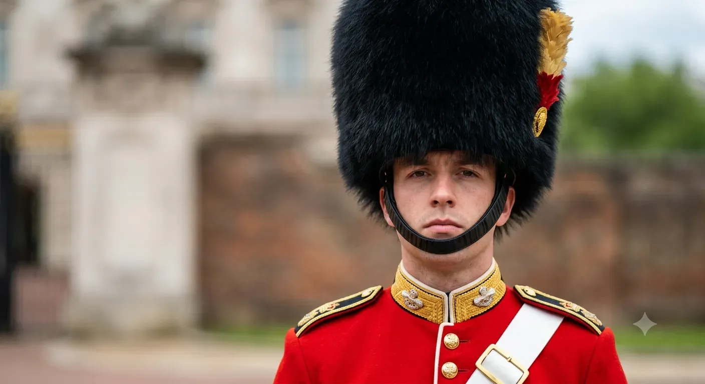 Close-up of a Grenadier Guard in a tall black bearskin cap and red tunic during the Changing of the Guard in London